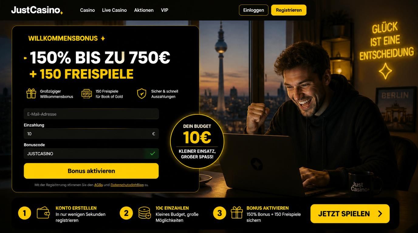 Bildschirm zeigt JustCasino Willkommensbonus mit kleinem Einsatz