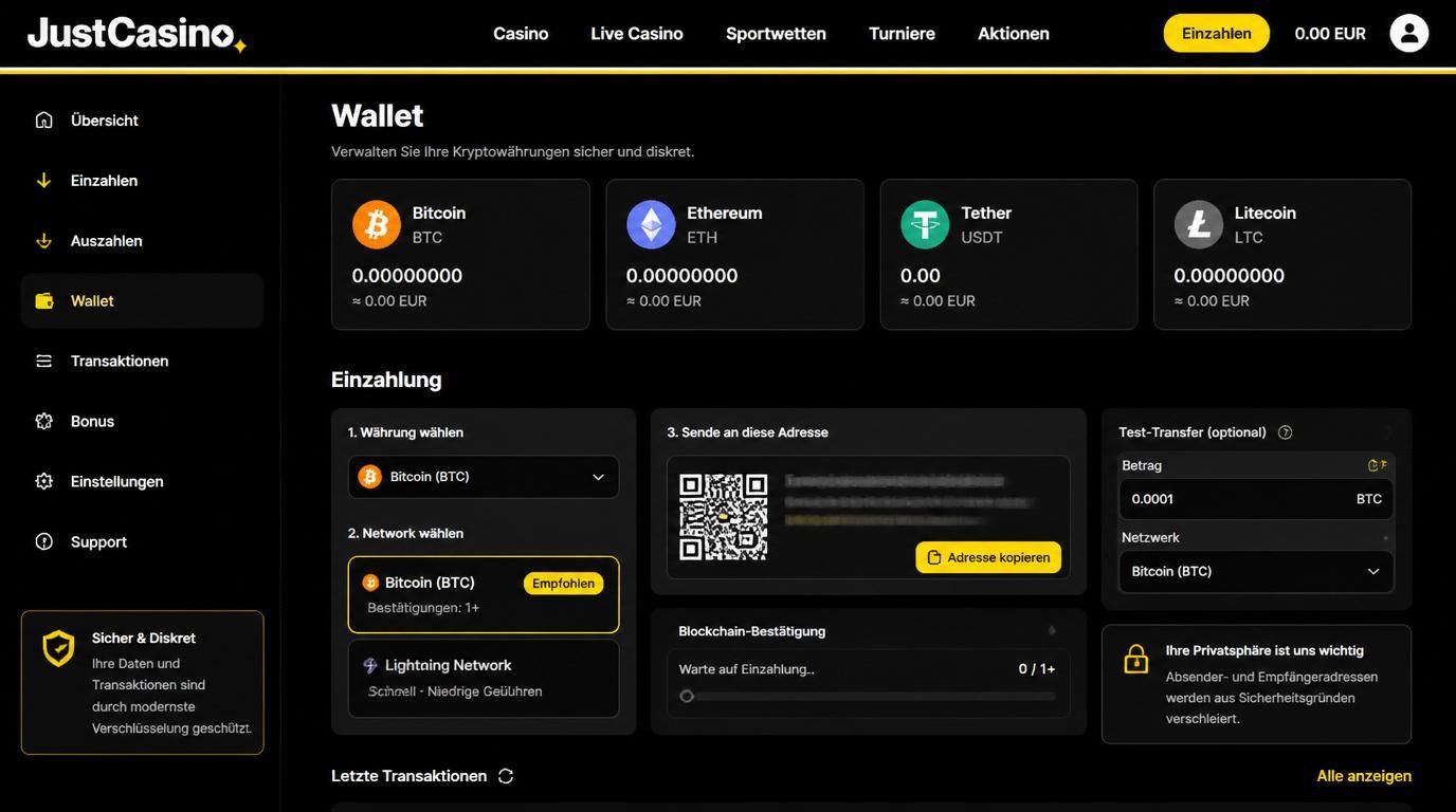 Die Krypto-Einzahlung mit verschiedenen Coins, Testtransfer und Wahl des Netzwerks.