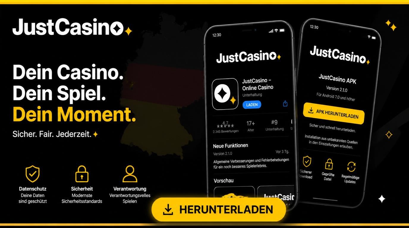  Ein Bildschirm zeigt „justcasino herunterladen“, daneben ein Android APK &amp, ein iOS-App-Icon 