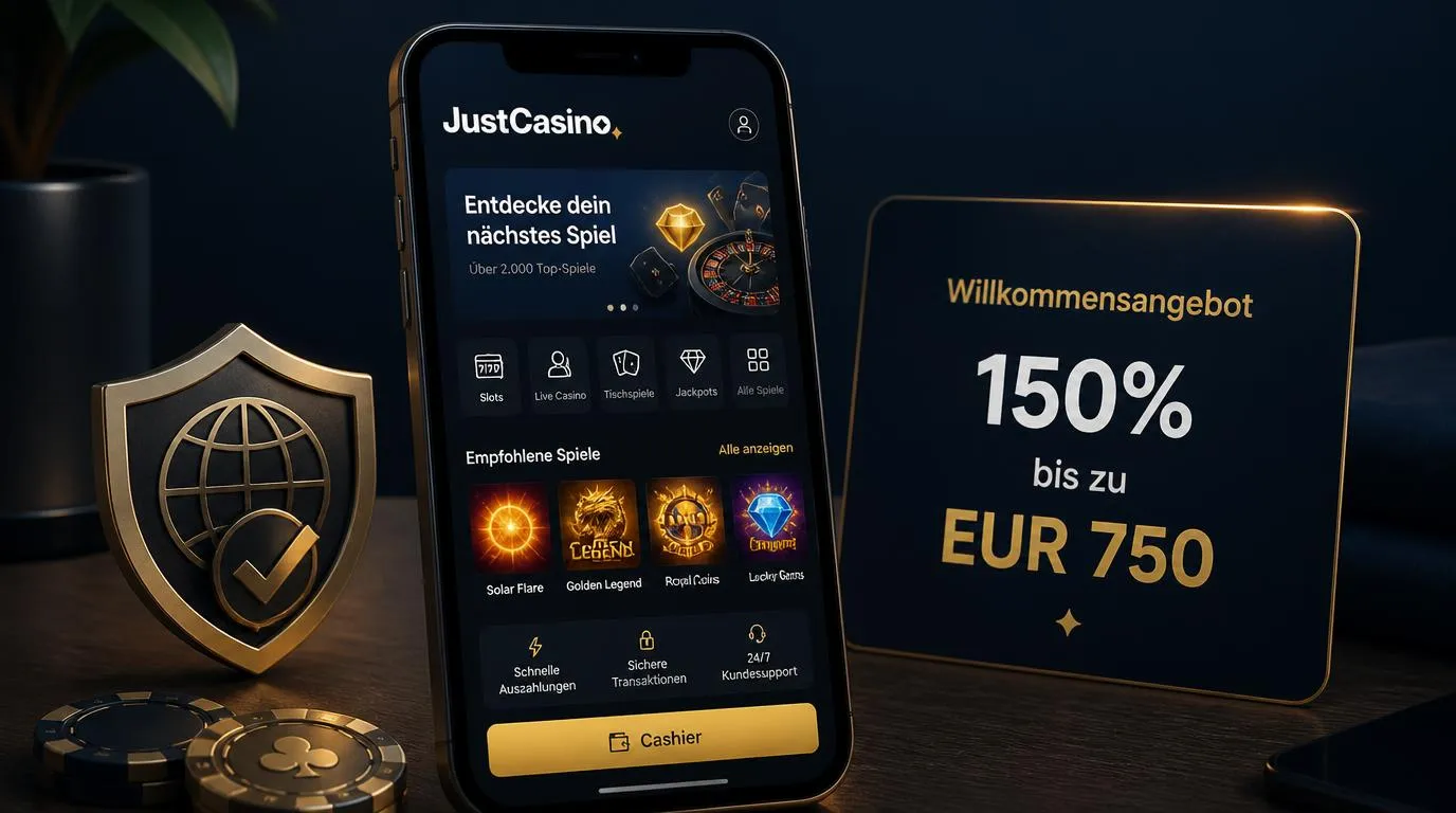 Smartphone mit Casino-Oberfläche neben einem Schildsymbol und einer Willkommensbonus-Karte