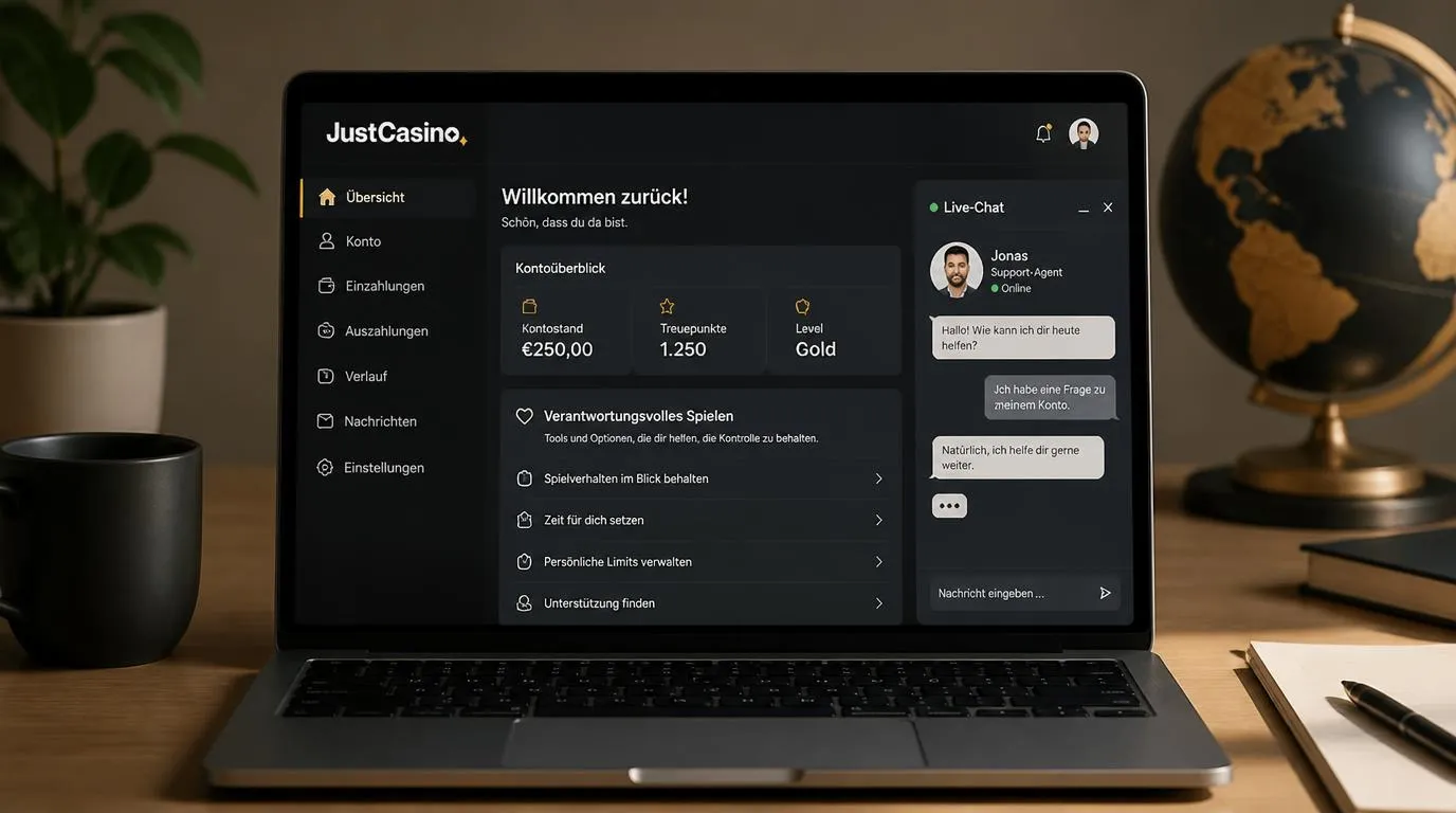 Laptop mit schematischer Casino-Kontoansicht, Optionen für verantwortungsvolles Spielen und Live-Chat