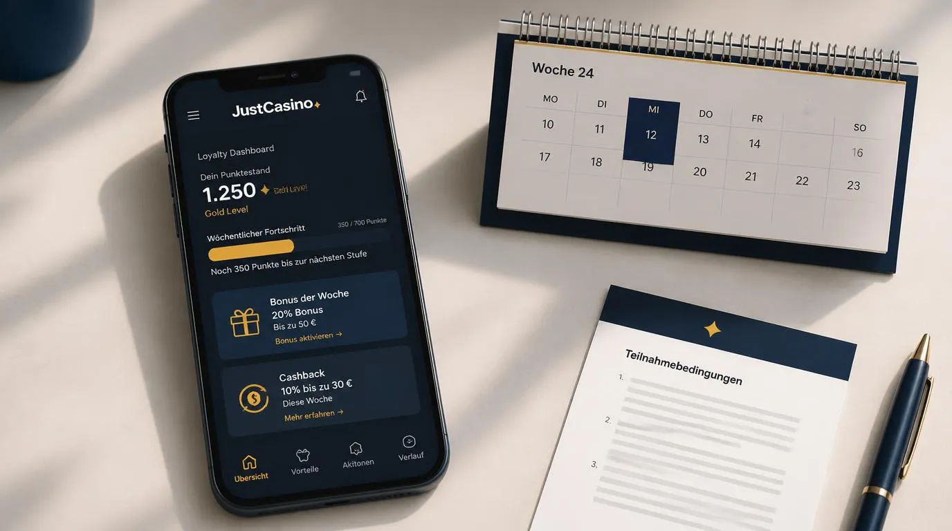 Smartphone mit Wochenprämien, Punktestand und Bonusübersicht neben einem Kalender