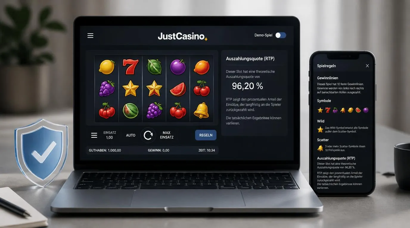 Laptop mit Casinospiel und Smartphone mit Spielregeln neben einem Symbol für geprüfte Software