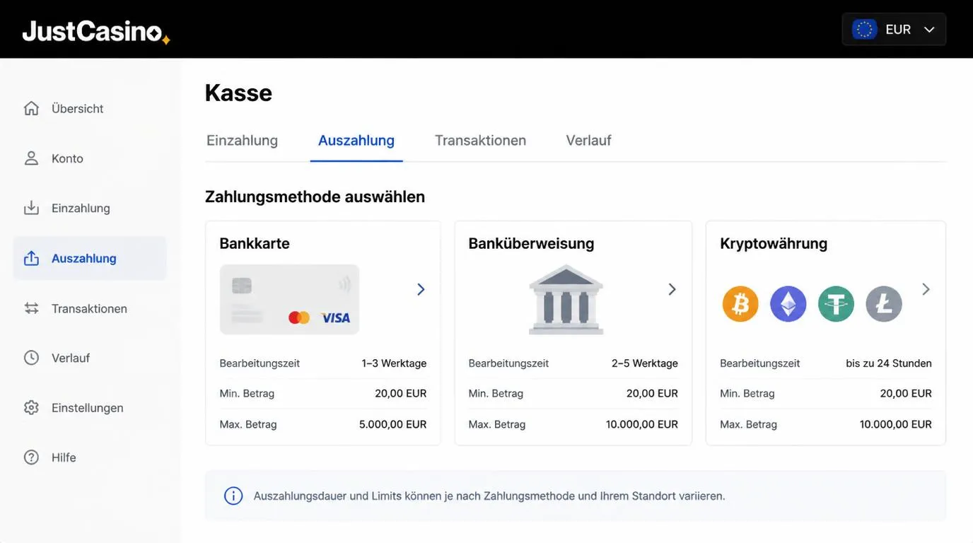 Übersicht einer Casino-Kasse mit Karten, Banküberweisung und Kryptowährungen sowie angezeigten Auszahlungslimits
