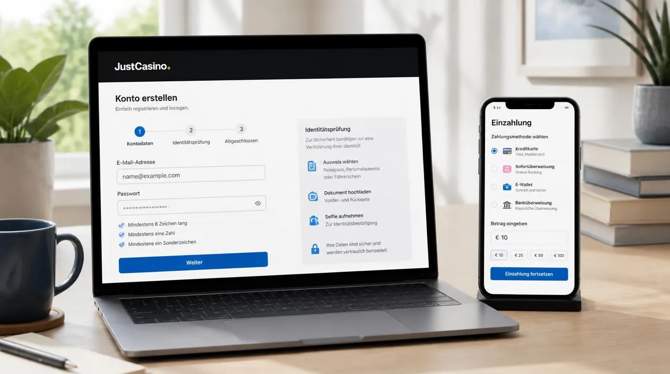 Laptop mit Anmeldeformular und Smartphone mit Auswahl für die erste Casino-Einzahlung